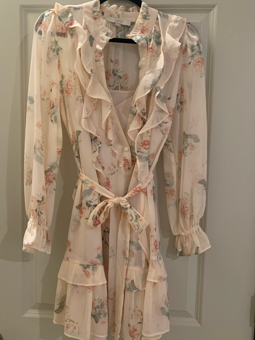 LOFT Cream Floral Ruffle Tie-Waist Long Sleeve Dress